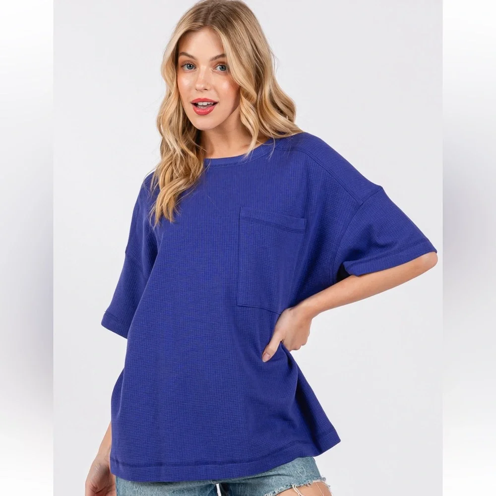 25 Solid Textured Drop Shoulder Top - Picture 3 of 6